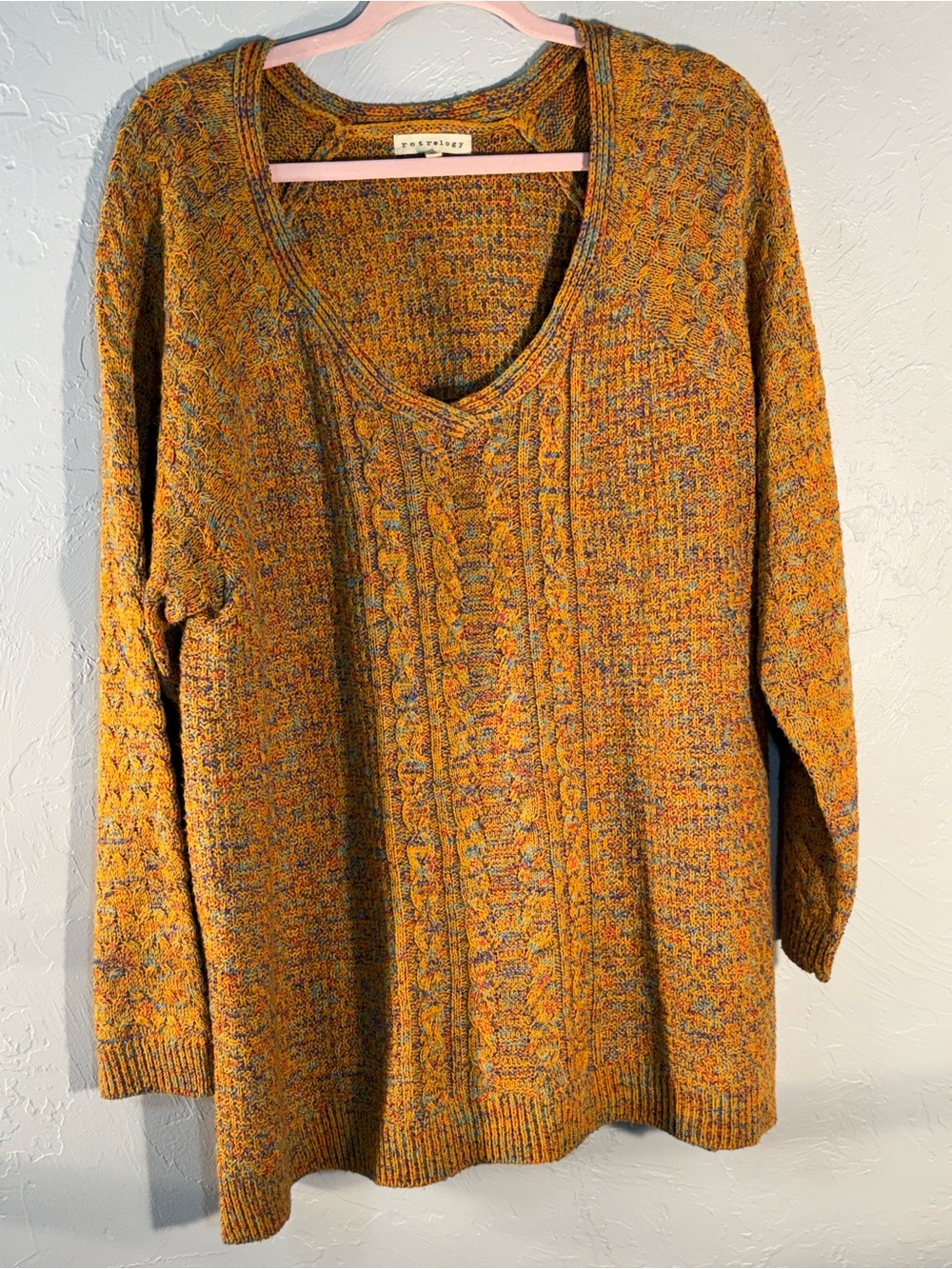 Foxcroft Mustard Marled Cable V-Neck Sweater